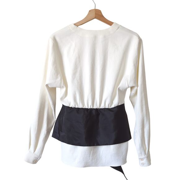 NWT Tibi Chalky Drape Domlan Tie Top Ivory Black Belted Womens Top Size 2 $450 - Picture 4 of 8